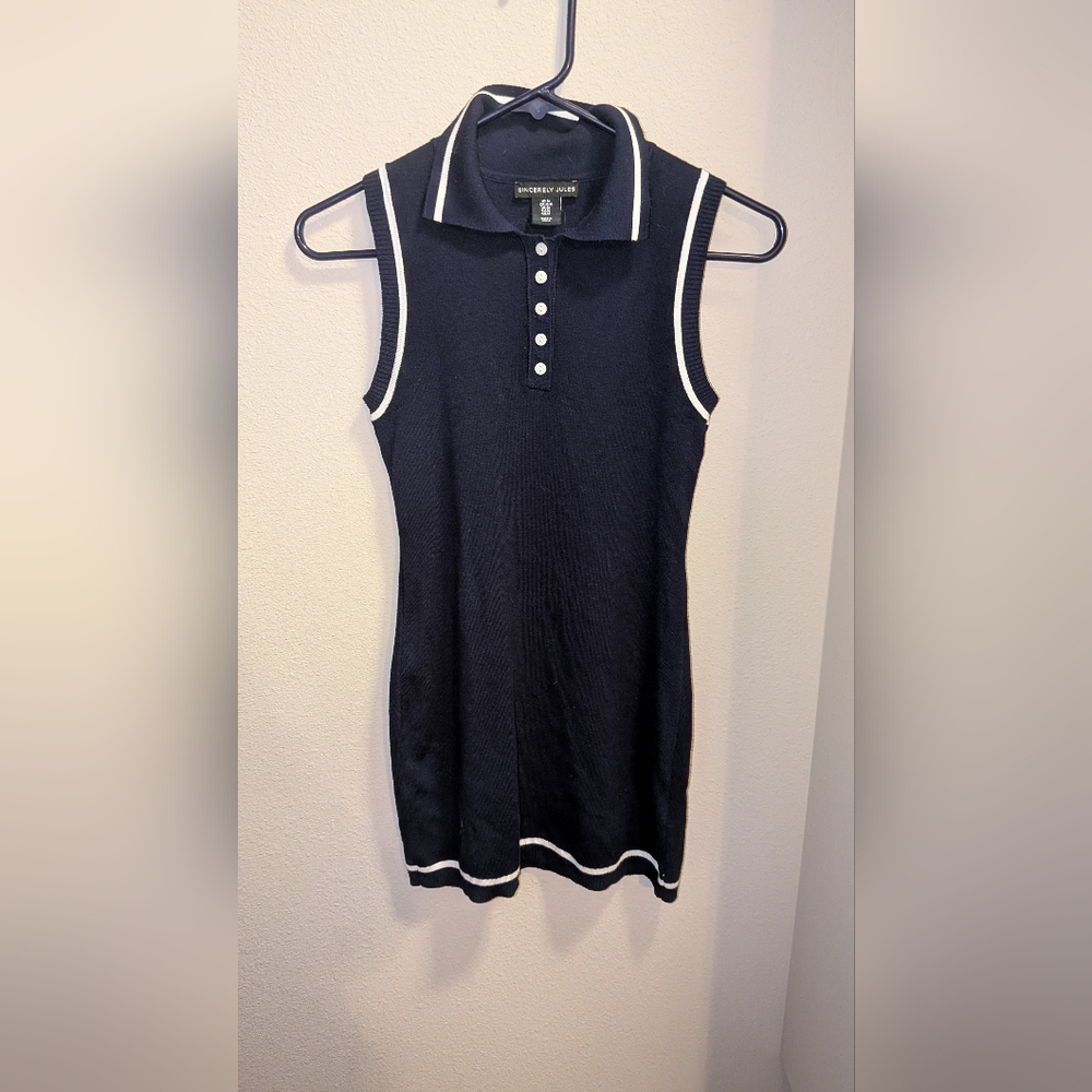 Black Sleeveless Polo Mini Dress with White Trim